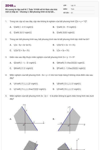 Đề cương ôn tập cuối kì 1 Toán 10 Kết nối tri thức cấu trúc mới có đáp án - Chương 2. Bất phương trình và hệ bất phương trình bậc nhất hai ẩn