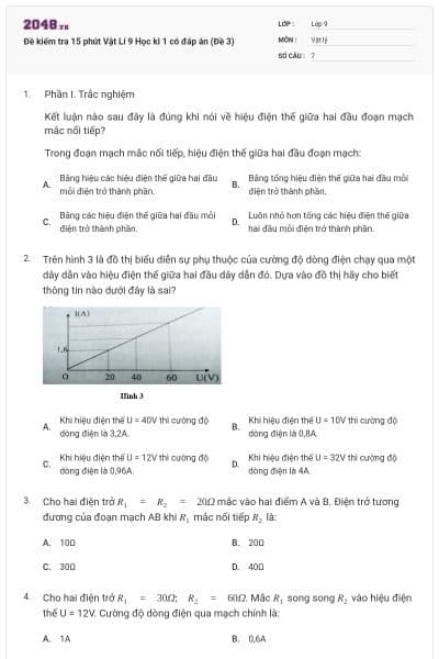 Đề kiểm tra 15 phút Vật Lí 9 Học kì 1 có đáp án (Đề 3)