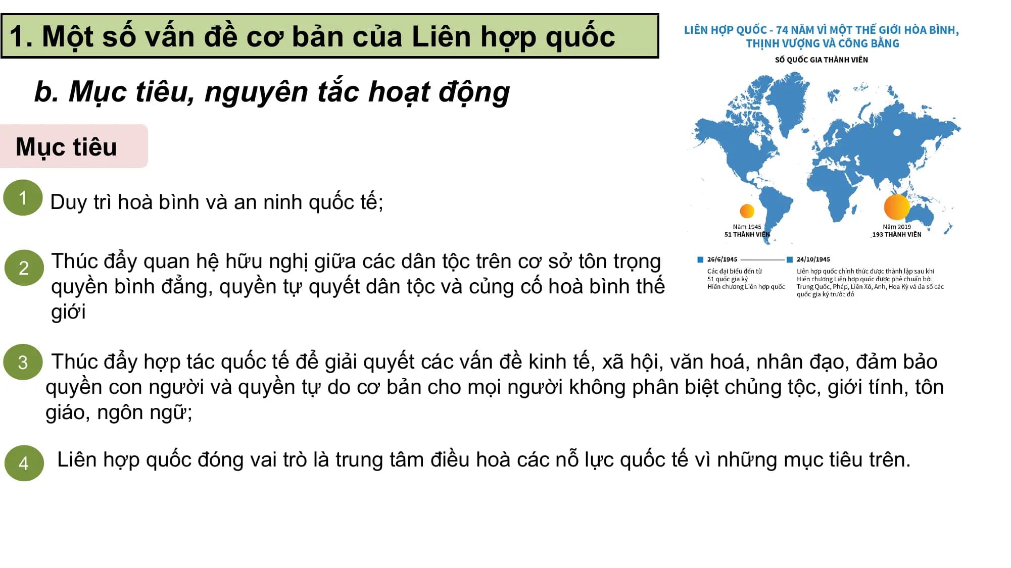 1. Một số vấn đề cơ bản của Liên hợp quốc
 b. Mục tiêu, nguyên tắc hoạt động
Mục tiêu
1 Duy trì hoà bình và an ninh quốc tế;

2 Thúc đẩy quan hệ hữu nghị giữa các dân tộc trên cơ sở tôn trọng
 quyền bình đẳng, quyền tự quyết dân tộc và củng cố hoà bình thế
 giới

3 Thúc đẩy hợp tác quốc tế để giải quyết các vấn đề kinh tế, xã hội, văn hoá, nhân đạo, đảm bảo
 quyền con người và quyền tự do cơ bản cho mọi người không phân biệt chủng tộc, giới tính, tôn
 giáo, ngôn ngữ;

4 Liên hợp quốc đóng vai trò là trung tâm điều hoà các nỗ lực quốc tế vì những mục tiêu trên.