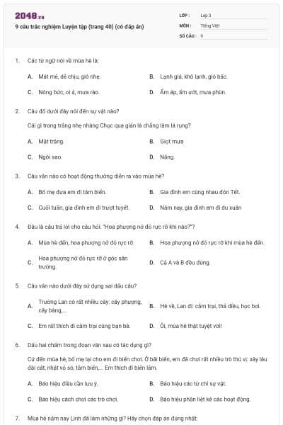 9 câu trắc nghiệm Luyện tập (trang 40) (có đáp án)