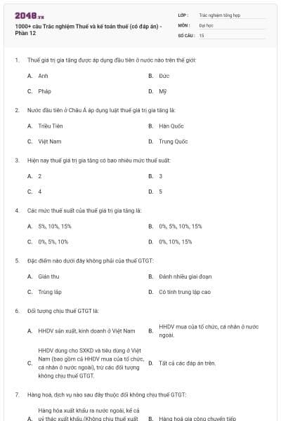 1000+ câu Trắc nghiệm Thuế và kế toán thuế (có đáp án) - Phần 12
