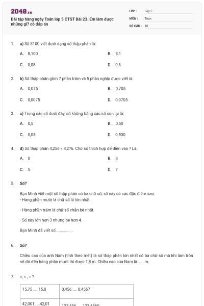 Bài tập hàng ngày Toán lớp 5 CTST Bài 23. Em làm được những gì? có đáp án