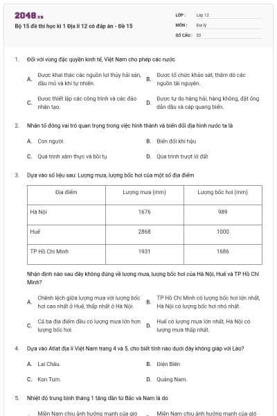 Bộ 15 đề thi học kì 1 Địa lí 12 có đáp án - Đề 15