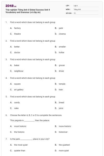 Trắc nghiệm Tiếng Anh 6 Global Success Unit 4 Vocabulary and Grammar (có đáp án)