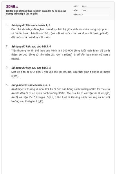 Bài tập Các bài toán thực tiễn liên quan đến hệ số góc của đường thẳng lớp 8 (có lời giải)