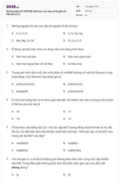Bộ đề luyện thi THPTQG Sinh học cực hay có lời giải chi tiết (đề số 2)