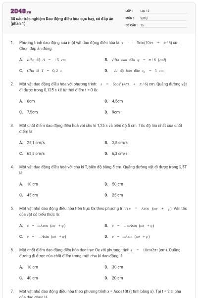 30 câu trắc nghiệm Dao động điều hòa cực hay, có đáp án (phần 1)