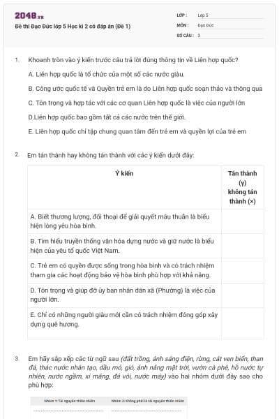 Đề thi Đạo Đức lớp 5 Học kì 2 có đáp án (Đề 1)