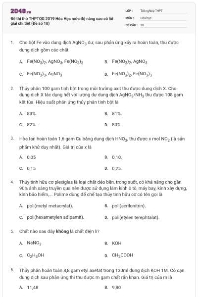 Đề thi thử THPTQG 2019 Hóa Học mức độ nâng cao có lời giải chi tiết (Đề số 10)
