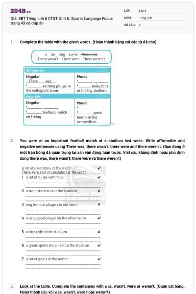 Giải SBT Tiếng anh 6 CTST Unit 6: Sports Language Focus trang 43 có đáp án