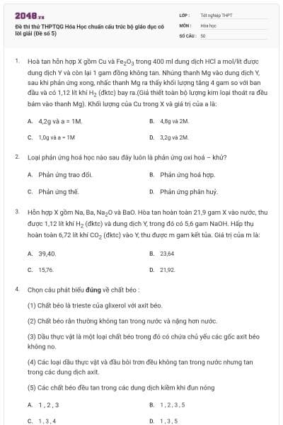 Đề thi thử THPTQG Hóa Học chuẩn cấu trúc bộ giáo dục có lời giải (Đề số 5)