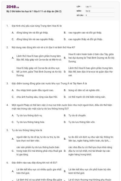 Bộ 3  Đề kiểm tra học kì 1 Địa lí 11 có đáp án (Đề 2)