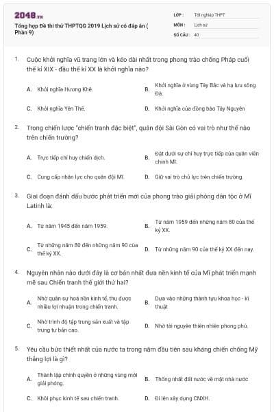 Tổng hợp Đề thi thử THPTQG 2019 Lịch sử có đáp án ( Phần 9)