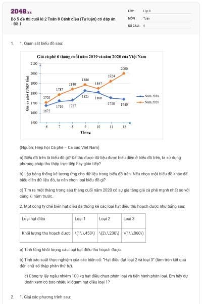 Bộ 5 đề thi cuối kì 2 Toán 8 Cánh diều (Tự luận) có đáp án - Đề 1