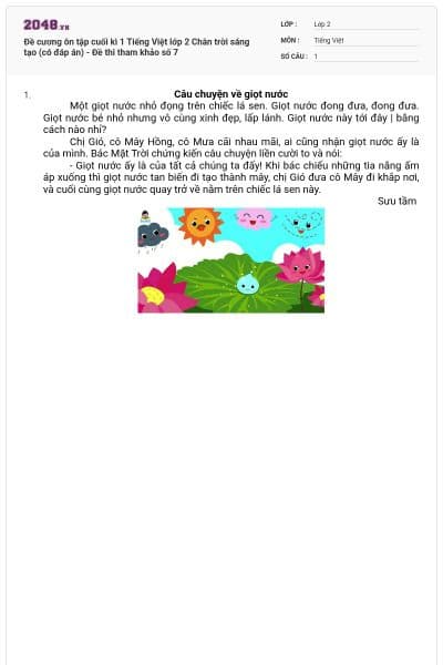 Đề cương ôn tập cuối kì 1 Tiếng Việt lớp 2 Chân trời sáng tạo (có đáp án) - Đề thi tham khảo số 7