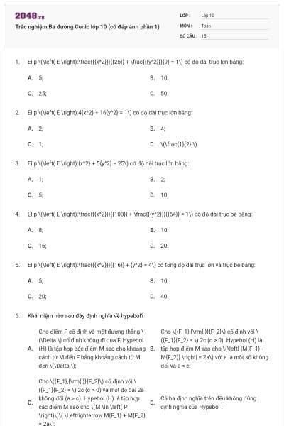 Trắc nghiệm Ba đường Conic lớp 10 (có đáp án - phần 1)