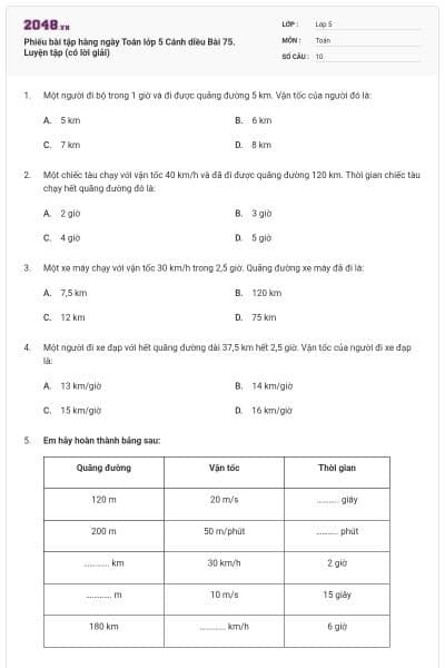 Phiếu bài tập hàng ngày Toán lớp 5 Cánh diều Bài 75. Luyện tập (có lời giải)