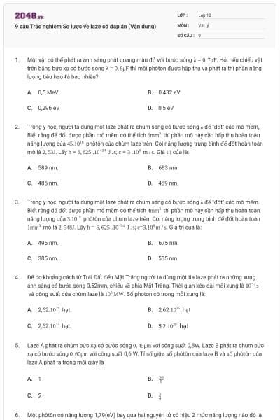 9 câu Trắc nghiệm Sơ lược về laze có đáp án (Vận dụng)