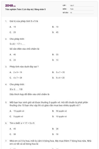 Trắc nghiệm Toán 2 (có đáp án): Bảng nhân 5