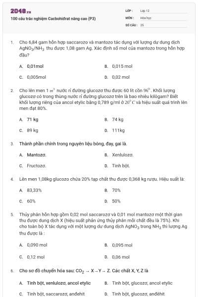 100 câu trắc nghiệm Cacbohiđrat nâng cao (P3)