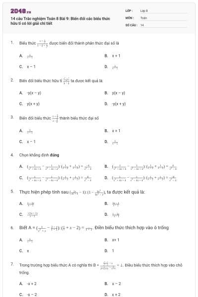 14 câu Trắc nghiệm Toán 8 Bài 9: Biến đổi các biểu thức hữu tỉ có lời giải chi tiết