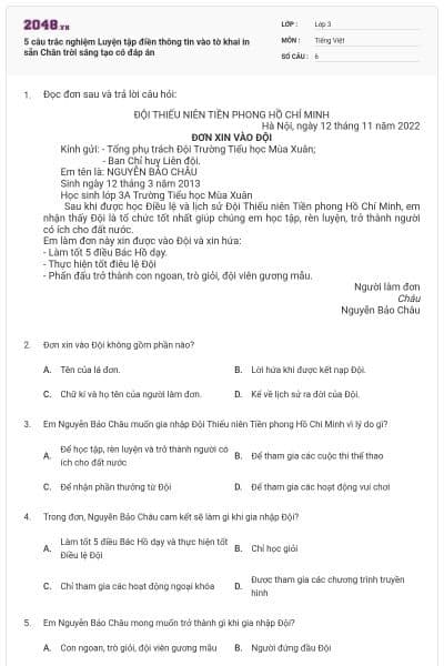 5 câu trắc nghiệm Luyện tập điền thông tin vào tờ khai in sẵn Chân trời sáng tạo có đáp án