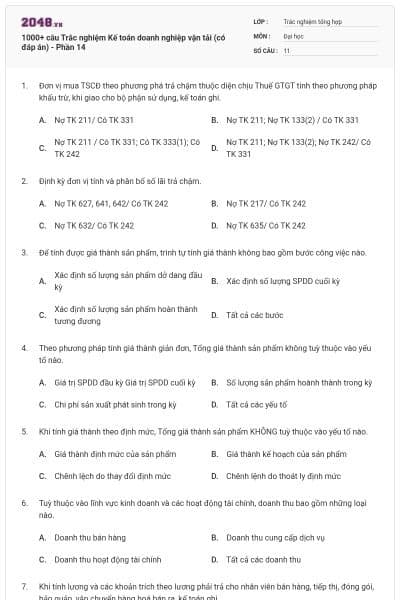 1000+ câu Trắc nghiệm Kế toán doanh nghiệp vận tải (có đáp án) - Phần 14