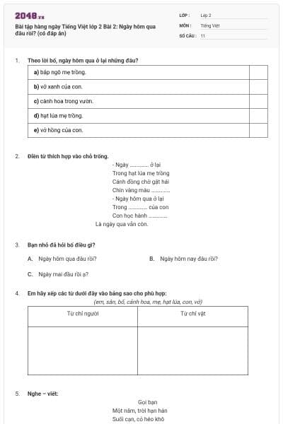 Bài tập hàng ngày Tiếng Việt lớp 2 Bài 2: Ngày hôm qua đâu rồi? (có đáp án)