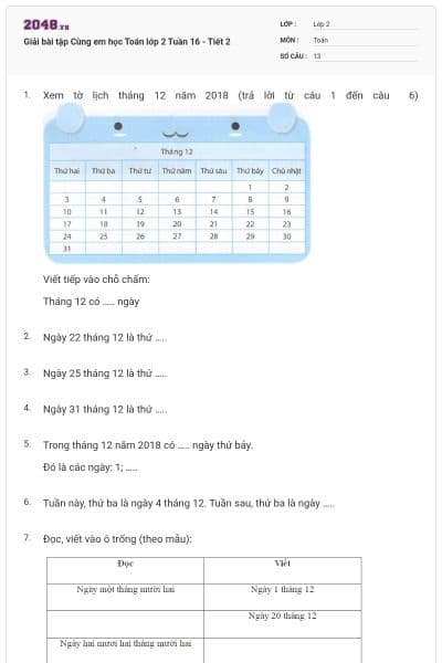 Giải bài tập Cùng em học Toán lớp 2 Tuần 16 - Tiết 2