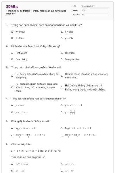 Tổng hợp 20 đề thi thử THPTQG môn Toán cực hay có đáp án (đề 5)