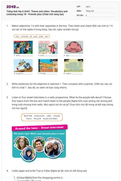 Tiếng Anh lớp 6 Unit1: Towns and cities: Vocabulary and Listening trang 18 - Friends plus (Chân trời sáng tạo)