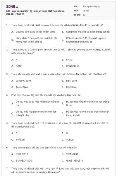 500+ câu trắc nghiệm Kỹ năng sử dụng CNTT cơ bản có đáp án - Phần 14