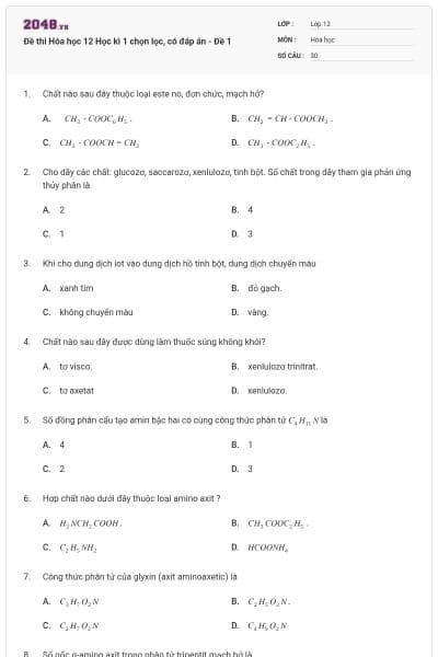 Đề thi Hóa học 12 Học kì 1 chọn lọc, có đáp án - Đề 1