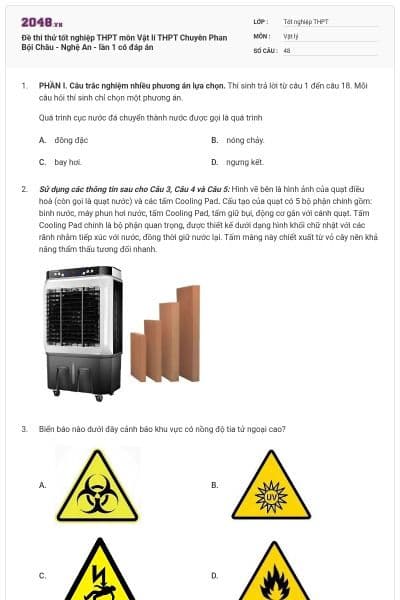 Đề thi thử tốt nghiệp THPT môn Vật lí  THPT Chuyên Phan Bội Châu - Nghệ An -  lần 1 có đáp án