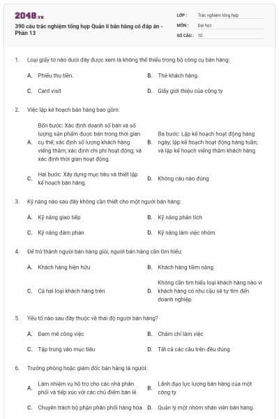 390 câu trắc nghiệm tổng hợp Quản lí bán hàng có đáp án - Phần 13