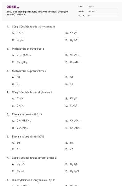 5000 câu Trắc nghiệm tổng hợp Hóa học năm 2025 (có đáp án) - Phần 22