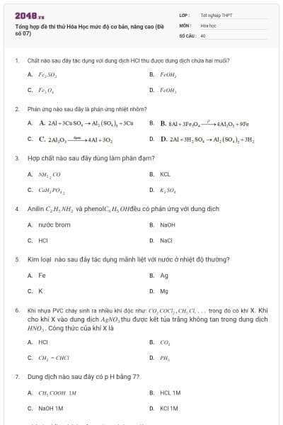 Tổng hợp đề thi thử Hóa Học mức độ cơ bản, nâng cao (Đề số 07)