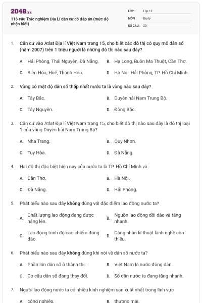 116 câu Trắc nghiệm Địa Lí dân cư có đáp án (mức độ nhận biết)