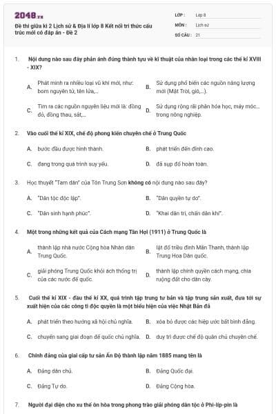 Đề thi giữa kì 2 Lịch sử & Địa lí lớp 8 Kết nối tri thức cấu trúc mới có đáp án - Đề 2