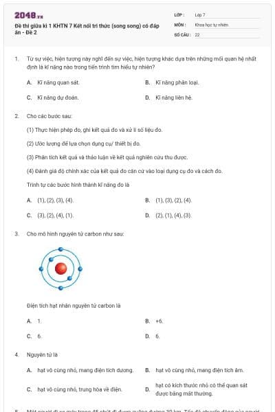 Đề thi giữa kì 1 KHTN 7 Kết nối tri thức (song song) có đáp án - Đề 2