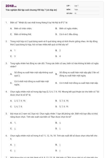Trắc nghiệm Bài tập cuối chương VIII lớp 7 (có đáp án)