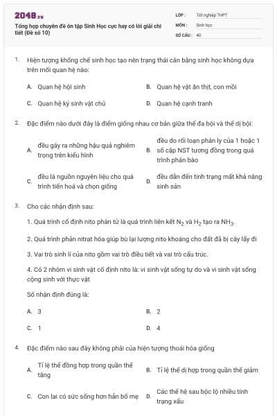 Tổng hợp chuyên đề ôn tập Sinh Học cực hay có lời giải chi tiết (Đề số 10)