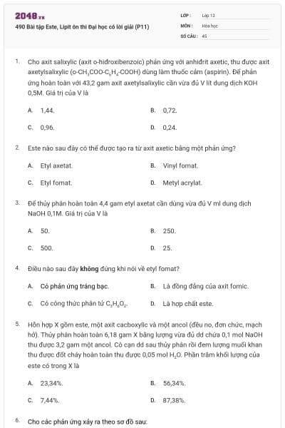 490 Bài tập Este, Lipit ôn thi Đại học có lời giải (P11)