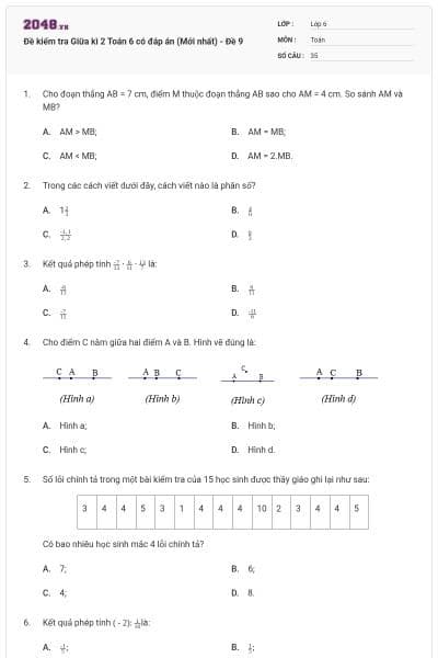 Đề kiểm tra Giữa kì 2 Toán 6 có đáp án (Mới nhất) - Đề 9