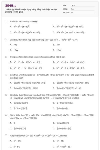 10 Bài tập Mô tả và vận dụng hằng đẳng thức hiệu hai lập phương (có lời giải)
