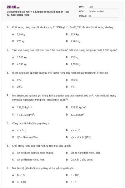 Đề cương ôn tập KHTN 8 Kết nối tri thức có đáp án - Bài 13. Khối lượng riêng