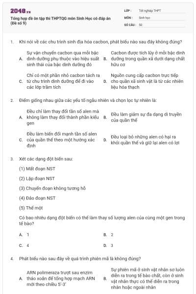 Tổng hợp đề ôn tập thi THPTQG môn Sinh Học có đáp án (Đề số 9)