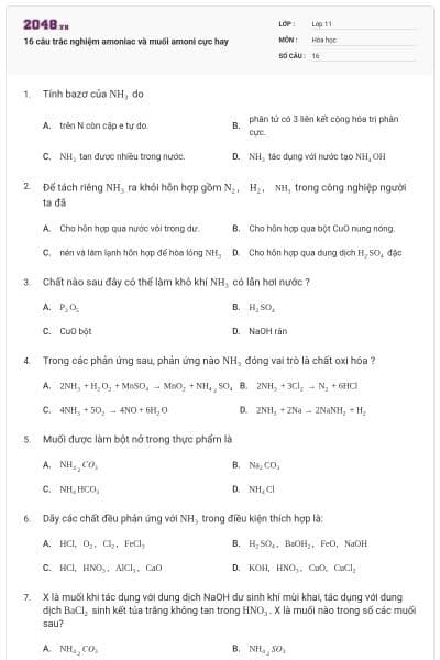 16 câu trắc nghiệm amoniac và muối amoni cực hay