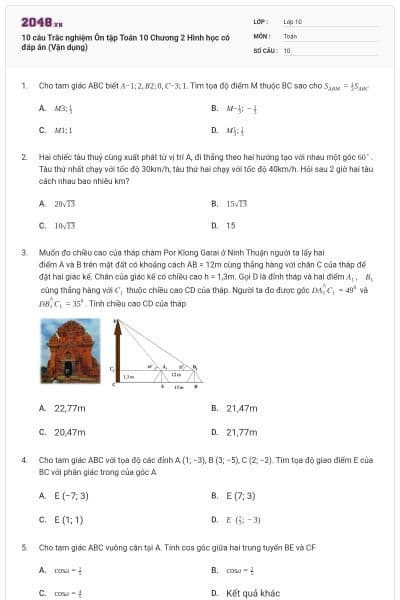 10 câu Trắc nghiệm Ôn tập Toán 10 Chương 2 Hình học có đáp án (Vận dụng)