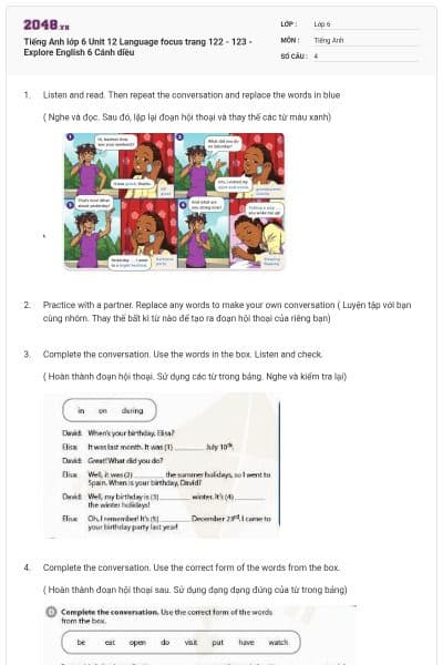 Tiếng Anh lớp 6 Unit 12 Language focus trang 122 - 123 - Explore English 6 Cánh diều